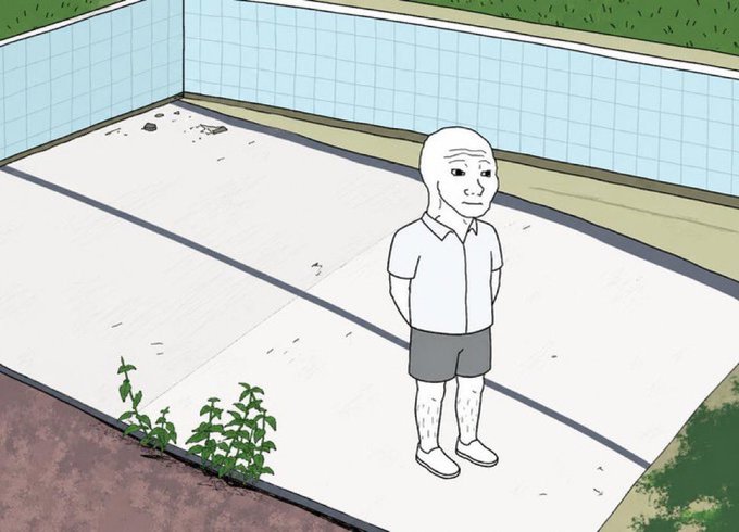 A cartoon illustration depicts an older bald man standing alone in an empty, walled backyard with sparse weeds growing along the edges.