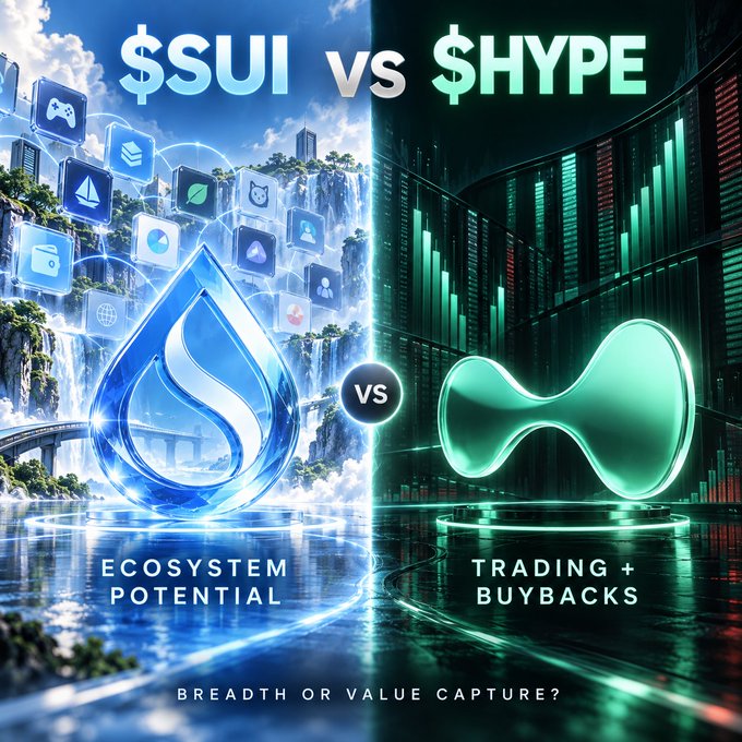 A promotional graphic comparing '$SUI vs $HYPE', showing a blue water droplet logo labeled 'ECOSYSTEM POTENTIAL' against a green bowtie-shaped logo labeled 'TRADING + BUYBACKS', with the tagline 'BREADTH OR VALUE CAPTURE?'.