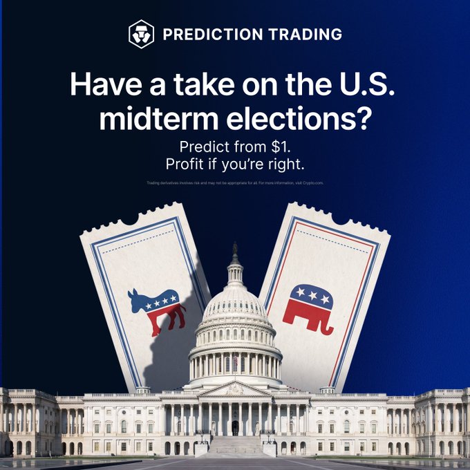Promotional advertisement for Crypto.com's "Prediction Trading" feature, inviting users to bet on U.S. midterm elections starting from $1, featuring the U.S. Capitol flanked by Democratic donkey and Republican elephant ballot icons.

The post links directly to the ad's call-to-action, reinforcing the message of profiting from political predictions through Crypto.com's trading platform.