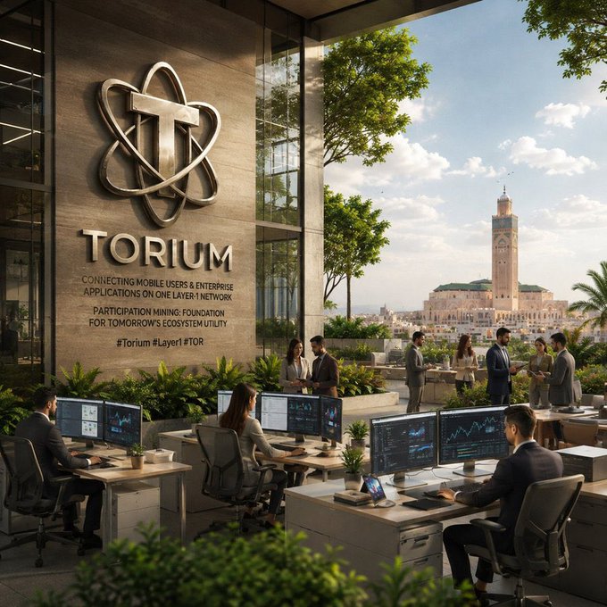 A promotional image for 'TORIUM' featuring a metallic atom-like logo on a stone wall, with the tagline 'CONNECTING MOBILE USERS & ENTERPRISE APPLICATIONS ON ONE LAYER 1 NETWORK' and hashtags '#Torium #Layer1 #TOR', showing a modern office with people working on computers and a cityscape with a clock tower.