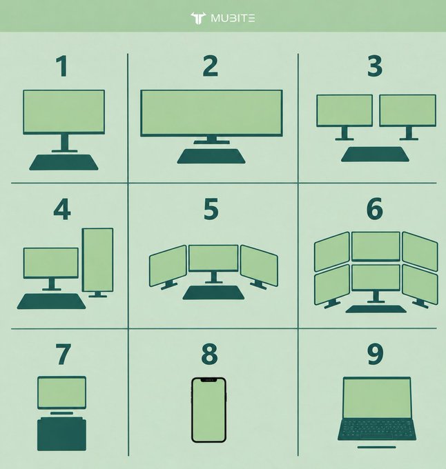 An infographic from Mubite displaying nine numbered icons representing different monitor and device setups, ranging from single monitors to multi-screen configurations and mobile devices.