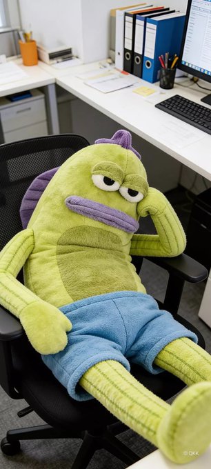 A grumpy green plush monster in blue shorts slumps exhausted in an office chair, perfectly capturing the post's weary mood as the author wakes up to yet another round of market chaos—$273 million liquidated, a $388 million Bitget hack, and countless drained accounts. The slumped, defeated pose of the toy mirrors the feeling of an investor too drained by relentless crypto drama to even want to leave funds on exchanges anymore.