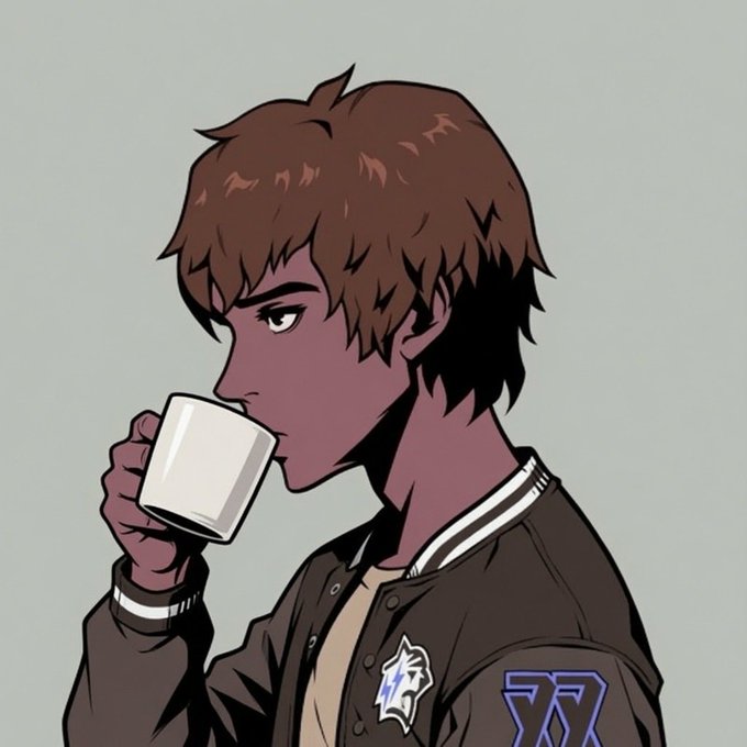 An anime-style character with brown hair drinks from a white mug while wearing a black varsity jacket featuring a wolf emblem and the number "77," paired with a casual "gm, happy Wednesday" greeting to start the day.
