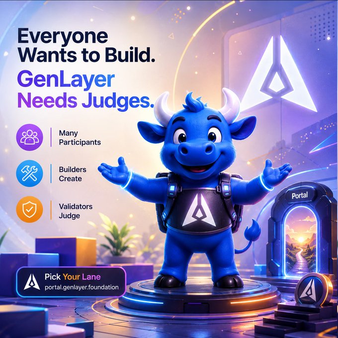 A promotional graphic reading 'Everyone Wants to Build. GenLayer Needs Judges.' featuring a blue cartoon bull mascot wearing a backpack, with icons for 'Many Participants', 'Builders Create', and 'Validators Judge', directing to portal.genlayer.foundation.