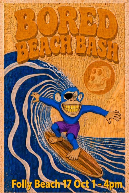 A vintage-style poster features a blue monkey in sunglasses and purple shorts surfing a wave, with bold orange bubble-letter text reading 'BORED BEACH BASH' at the top and event details 'Folly Beach 17 Oct 1-4pm' at the bottom.