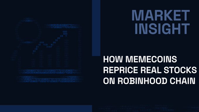 A dark blue 'MARKET INSIGHT' header graphic with the title 'HOW MEMECOINS REPRICE REAL STOCKS ON ROBINHOOD CHAIN' alongside a stylized chart graphic made of binary code.