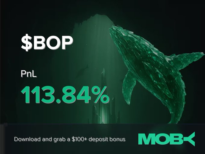 A promotional graphic for Moby Mobile featuring a glowing green whale underwater, displaying the text "$BOP" with a PnL of "113.84%" and a call-to-action offering a "$100+ deposit bonus." The image visually celebrates the trader's substantial profit on the $BOP token, reinforcing the win alert message.