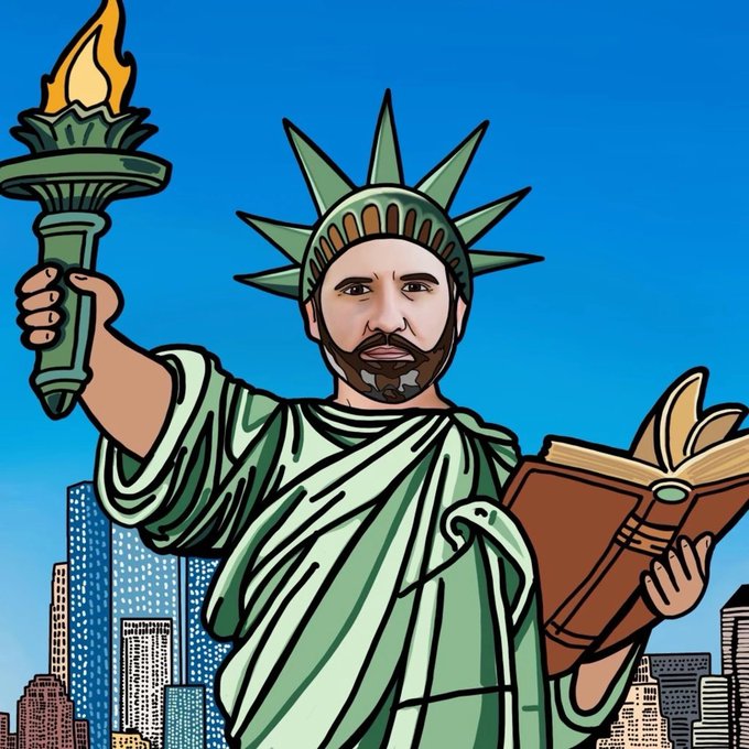 A cartoon illustration depicting a bearded man dressed as the Statue of Liberty, holding a torch and book, set against a blue sky and city skyline.