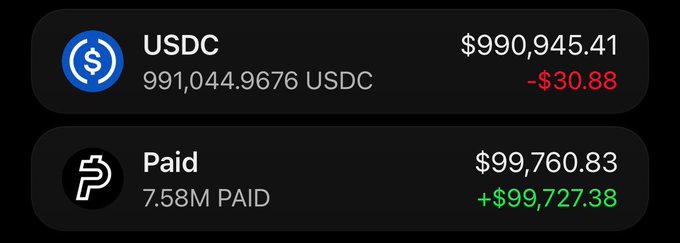 The image displays a crypto portfolio showing 991,044.97 USDC valued at $990,945.41 (down $30.88) and 7.58M PAID worth $99,760.83 (up $99,727.38). This supports the post's claim about @nori_xbt printing millions trading memecoins like PAID, highlighting the massive gains possible in the memecoin market.