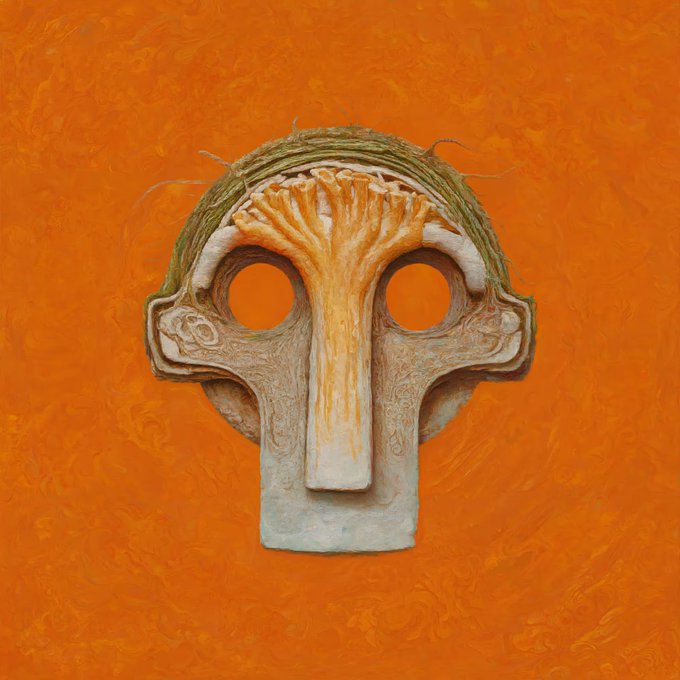 A sculptural mask featuring organic, bone-like textures and green leafy hair sits centered against a vibrant orange swirled background, evoking a ceremonial or masquerade aesthetic. The image visually ties to the post's theme of Sam and Rachel Spratt's "Masquerade" NFT collection, symbolizing the artistic identity and community connections formed through the journey.