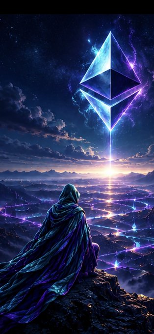 A fantasy digital illustration of a hooded figure in a purple cloak gazing at a glowing Ethereum logo suspended in the night sky above a valley illuminated by purple lights.
