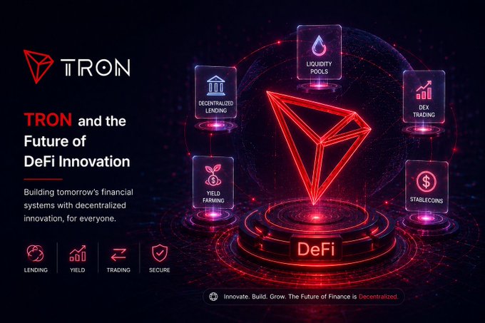A promotional graphic for TRON titled 'TRON and the Future of DeFi Innovation,' featuring a red 3D logo surrounded by icons for Liquid Pools, Decentralized Lending, DEX Trading, Yield Farming, and Stablecoins.