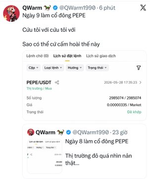 The image shows a social media post with two different posts displayed side by side, both containing text written in Vietnamese. The first post has a caption that reads "QWarm19900 mua PEPE ngày 9 - MightyNFT_ mua BTC ethngày 14". The second post also has a caption and a photo of a person's face. Both posts are about the same topic, but they appear to be discussing different aspects or providing different information related to QWarm.