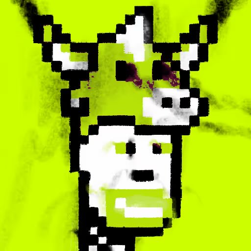 A highly pixelated, low-resolution image shows a white animal-like character with large ears and a smaller white face on a bright green and yellow background.