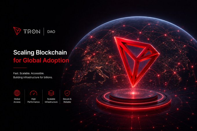 A promotional graphic for TRON DAO titled 'Scaling Blockchain for Global Adoption' with the tagline 'Fast. Scalable. Accessible. Building infrastructure for billions,' featuring a glowing red 3D logo over a networked globe.