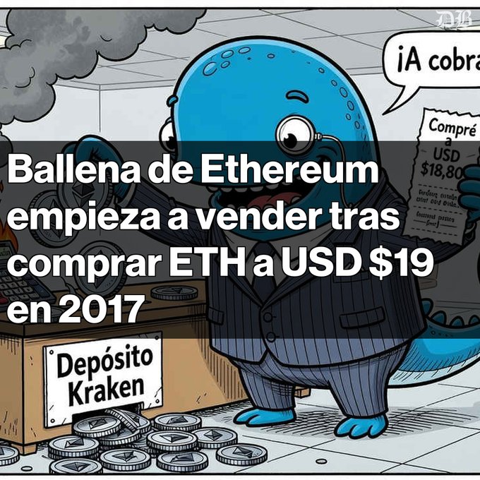 A cartoon illustration of a blue whale-like character in a suit holding ETH coins and a receipt at a 'Depósito Kraken' desk, with Spanish text overlay reading 'Ballena de Ethereum empieza a vender tras comprar ETH a USD $19 en 2017'.