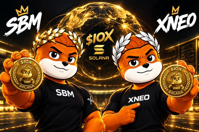 A promotional graphic for cryptocurrency tokens featuring two mascot characters wearing laurel crowns and holding gold coins, labeled 'SBM' and 'XNEO' with '$IOX SOLANA' branding in the center.