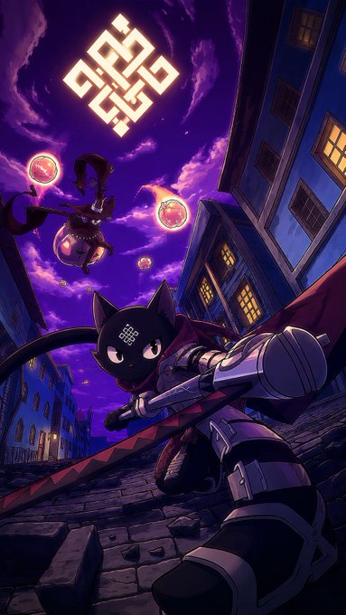 A black cat warrior in armor wields a glowing sword against a floating enemy on a cobblestone street beneath a purple twilight sky featuring the "gRitual" logo, visually representing Ritual's mission to defend the future of Web3 through battle-ready, verifiable infrastructure built by relentless creators.