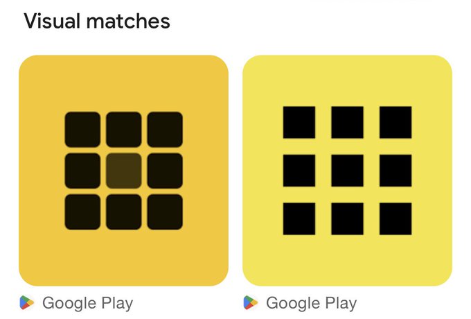 A 'Visual matches' screen showing two yellow Google Play app icons with grid patterns that look very similar to each other.