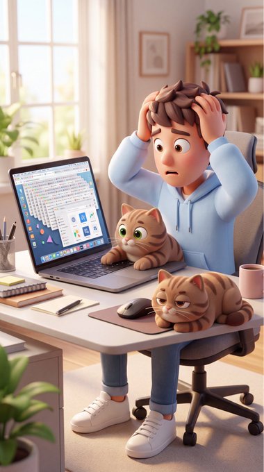 A 3D animated cartoon shows a stressed young man in a blue hoodie sitting at a desk with a computer, holding his head while two orange tabby cats rest on his laptop and desk.