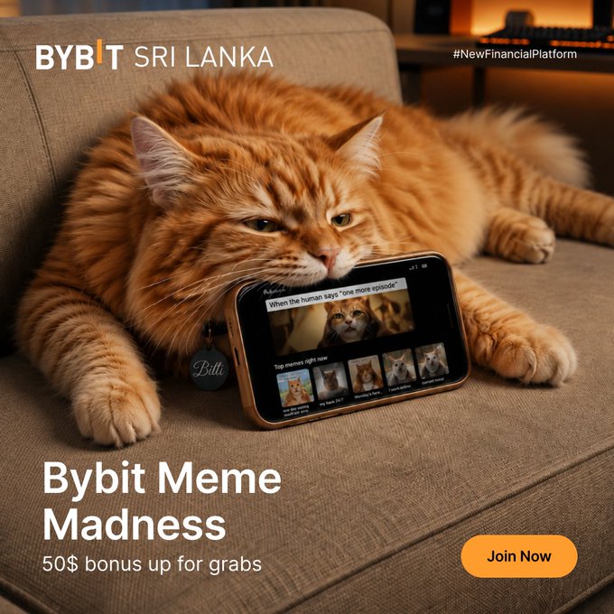 Bybit Sri Lanka advertisement featuring an orange tabby cat lying on a couch with a smartphone showing memes, promoting 'Bybit Meme Madness' with a '50$ bonus up for grabs' and 'Join Now' button.