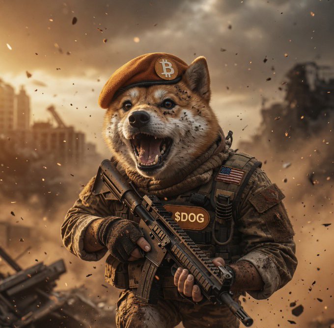 An AI-generated image depicts a Shiba Inu dog dressed as a soldier wearing a beret with a Bitcoin symbol and a tactical vest labeled '$DOG', holding a rifle in a war-torn, dusty battlefield setting.