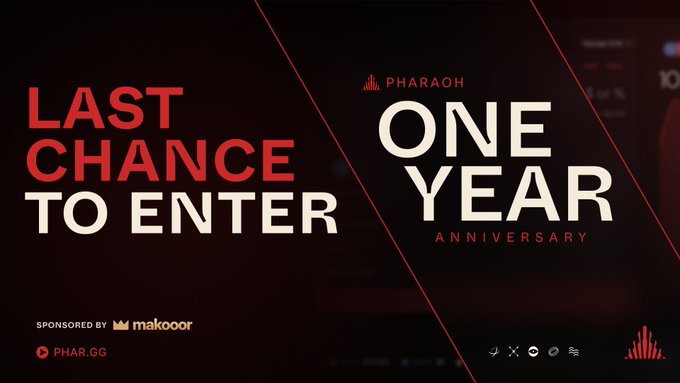 A promotional graphic with a dark red and black background featuring the text 'LAST CHANCE TO ENTER', 'PHARAOH', 'ONE YEAR ANNIVERSARY', 'SPONSORED BY makoor', and 'PHAR.GG'.