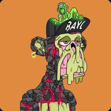 The image features a cartoon monkey with a face painted green, wearing a hat that reads "BAYC", and has a goatee. The monkey appears to be dripping or oozing something, possibly blood, which gives it an eerie appearance. The background of the image is orange, providing a stark contrast to the monkey's green face and the white text on its hat. There are no other objects in the image besides the monkey itself.