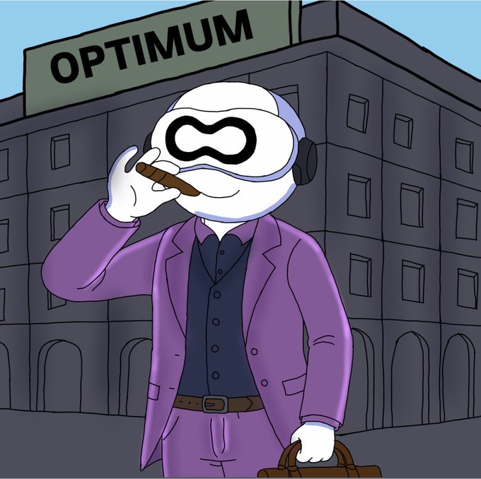 A cartoon illustration of a white character with an infinity-symbol face wearing a purple suit and holding a cigar, standing in front of a building labeled 'OPTIMUM'.