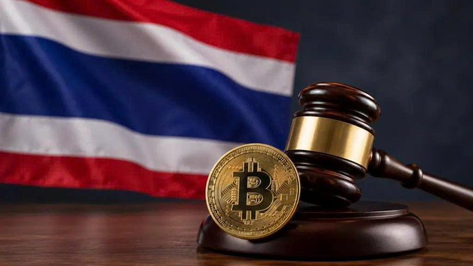 A physical Bitcoin token placed on a wooden judge's gavel with a Thai flag in the background, representing cryptocurrency regulation.