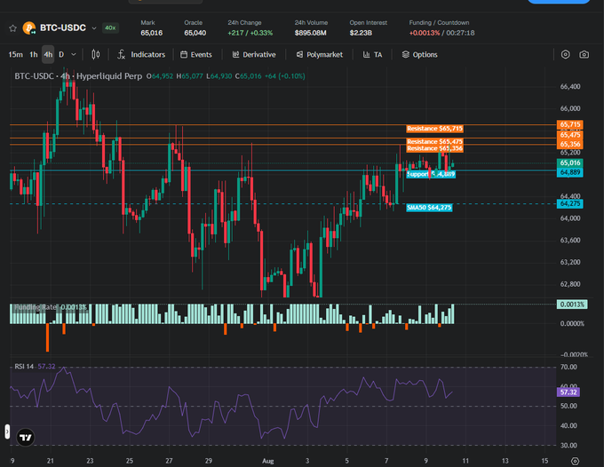 A TradingView candlestick chart showing BTC-USDC (Hyperliquid Perp) trading at 65,016, with resistance levels around 65,396-65,718, support at 64,689, and an RSI reading of 57.32.