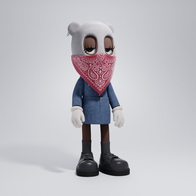 A 3D-rendered character with a bear-shaped hood, red paisley bandana, blue dress, white gloves, and black boots stands against a light background.