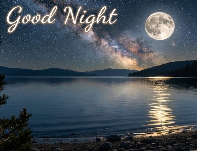 A serene nighttime landscape featuring a starry sky, the Milky Way, and a full moon reflecting over a calm lake, with 'Good Night' written in glowing script in the upper left.