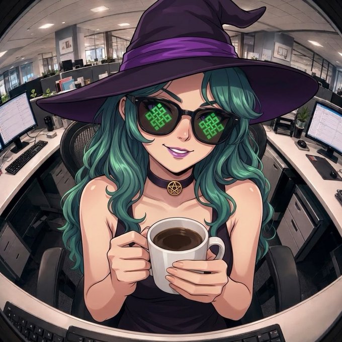 An anime-style illustration of a witch character with teal hair, a purple hat, and sunglasses displaying green digital symbols, holding a coffee mug in an office setting.