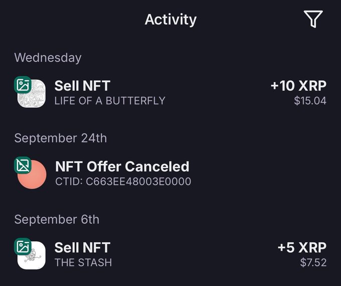 An Activity screen showing NFT transactions, including a recent "Sell NFT" entry on Wednesday for "LIFE OF A BUTTERFLY" (+10 XRP / $15.04), an "NFT Offer Canceled" on September 24th, and a "Sell NFT" for "THE STASH" on September 6th (+5 XRP / $7.52). The image confirms the Wednesday sale of the "Life of a Butterfly" 1/1 NFT from the Minimalism Collection, visually supporting the post's announcement of the sale on xrpcafe.