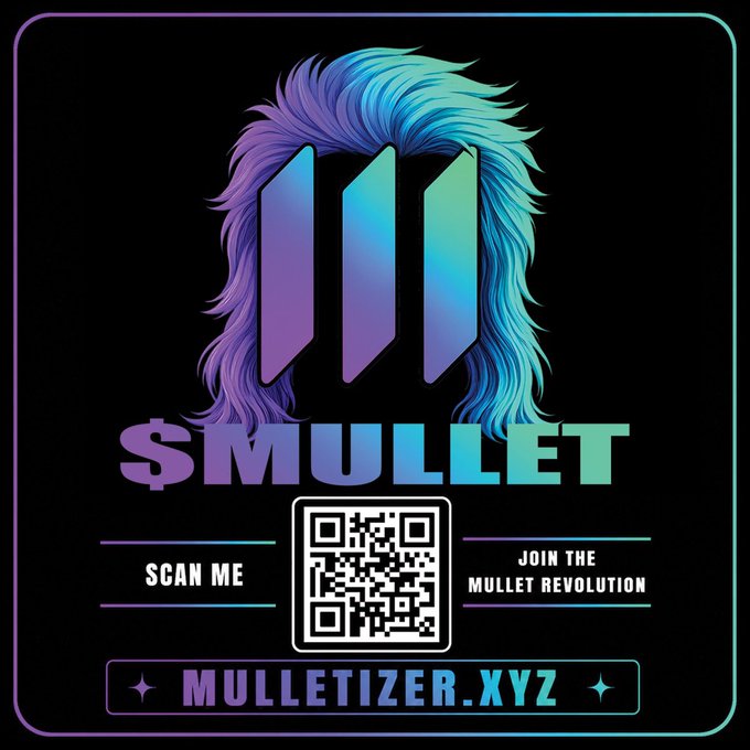 A promotional graphic for the $MULLET token features a mullet-haired illustration above the word "MULLET," with a QR code inviting viewers to "SCAN ME" and "JOIN THE MULLET REVOLUTION" at MULLETIZER.XYZ. The edgy imagery and rebellious call-to-action ("Fear Not, We Cum In Peace! We Leave You In Pieces!") align with the post's boastful tone about the token's 50% lock status.