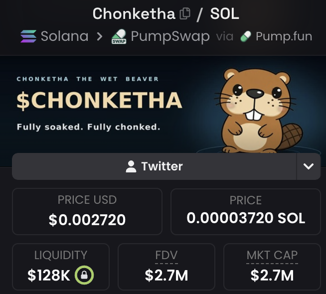 The image shows the cryptocurrency token CHONKETA on the Solana network, with a price of $0.002720 USD and a market cap of $2.7M. The accompanying post expresses excitement about the token's performance and its community.