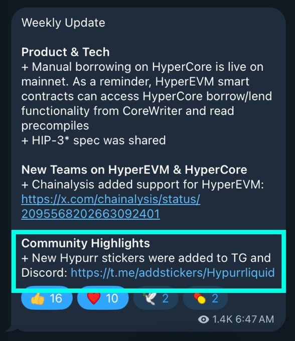 A Telegram message titled 'Weekly Update' discussing Hyperliquid developments, with the 'Community Highlights' section about new Hypurr stickers boxed in cyan.