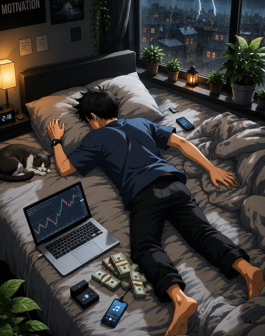An anime-style illustration shows a young man collapsed on a messy bed, exhausted, with stacks of cash, a laptop displaying trading charts, and a cat nearby while a storm rages outside the window.