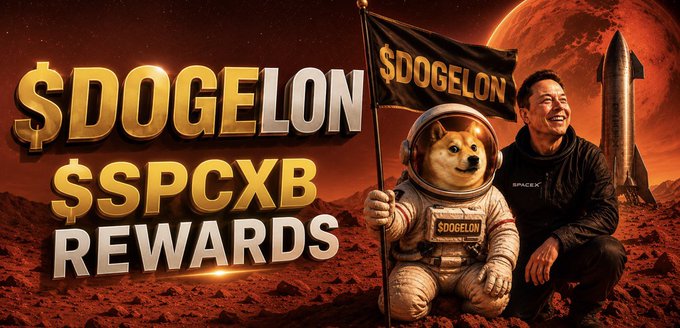 Promotional graphic featuring $DOGELON and $SPCXB text with 'REWARDS,' showing a Shiba Inu dog in an astronaut suit holding a $DOGELON flag next to a man on a Mars-like landscape with a SpaceX rocket.