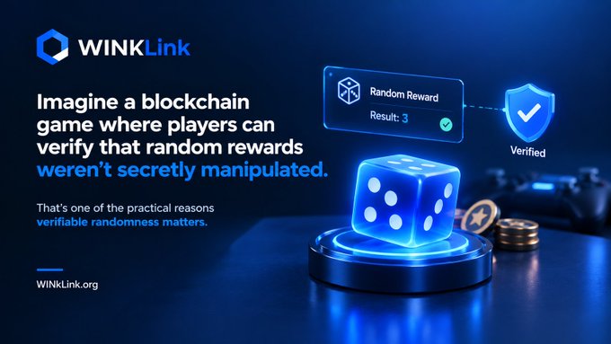 Promotional graphic for WINKLink featuring a glowing blue dice on a pedestal with a 'Random Reward' card showing 'Result: 3', alongside text promoting blockchain-verified randomness.