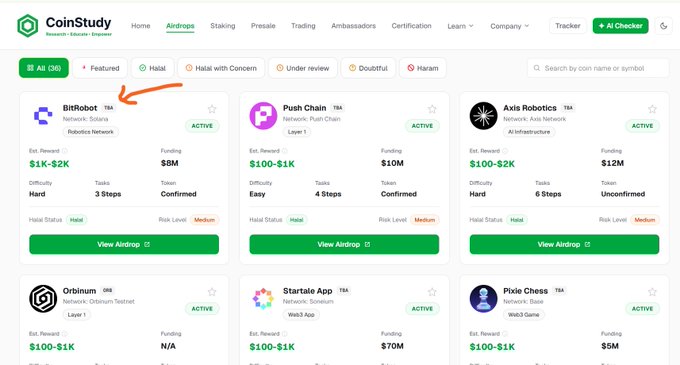 The image shows the CoinStudy airdrop page highlighting the BitRobot (TBA) airdrop from the Solana network, featuring an estimated reward of $1K–$2K, $8M funding, and 3 task steps with medium risk—matching the post's mention of BitRobot's $8M funding and easy signup process.