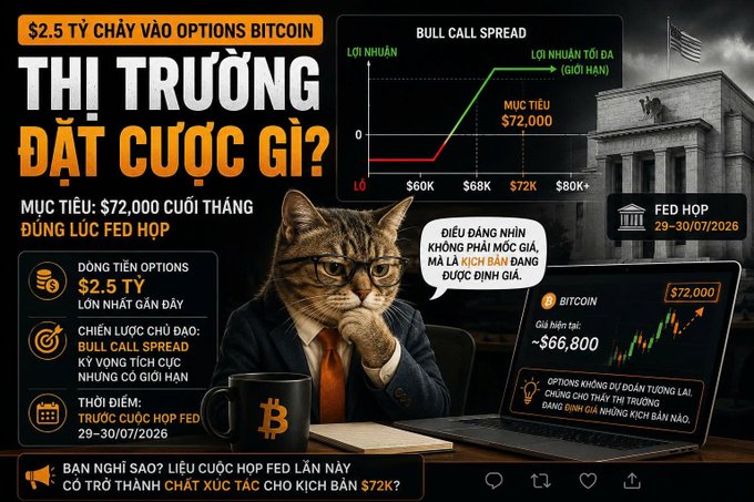 Vietnamese-language financial graphic asking 'What is the market betting on?' regarding $2.5 billion in Bitcoin options with a $72,000 target coinciding with the Fed meeting on 29-30/07/2026, featuring a cat in a suit and a Bull Call Spread chart.