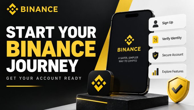 A Binance promotional banner with the text 'BINANCE START YOUR BINANCE JOURNEY - GET YOUR ACCOUNT READY' alongside a smartphone displaying the Binance logo and tagline 'A SAFER, SIMPLER WAY TO CRYPTO', with feature buttons for 'Sign Up', 'Verify Identity', 'Secure Account', and 'Explore Features'.