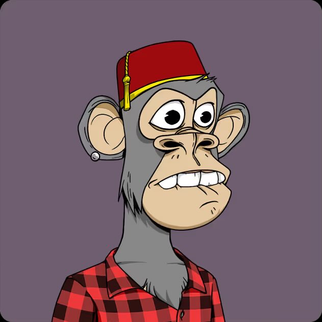 A cartoon illustration of a grey monkey wearing a red fez hat and a red and black checkered shirt against a purple background.