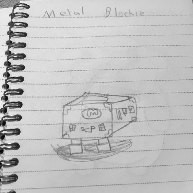 The image features a sketch of a robot or machine, possibly a toy car, drawn on a piece of paper using black ink. The drawing includes a spiral notebook as its background, which adds an artistic touch to the overall composition. The post about this artwork is titled "My daughter drew this Metal Blockie", indicating that it was created by a child and is now being shared with others. The post also mentions that the sketch is becoming a personal NFT on the XPR Network, suggesting that it holds sentimental value for its creator or owner.