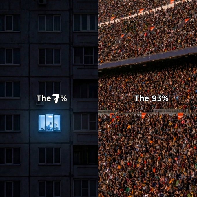 A split image contrasts a dark apartment building with a single lit window labeled 'The 7%' against a packed stadium crowd labeled 'The 93%'.