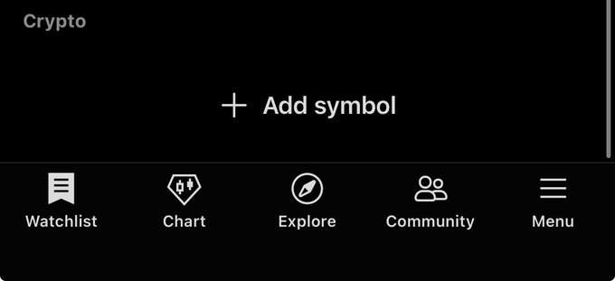 A screenshot of an empty Crypto watchlist app showing an "Add symbol" prompt, with navigation tabs for Watchlist, Chart, Explore, Community, and Menu, visually reinforcing the poster's announcement that they have officially cleared their crypto watchlist for the first time in a decade to focus on AI, biotech, space, and robotics stocks.