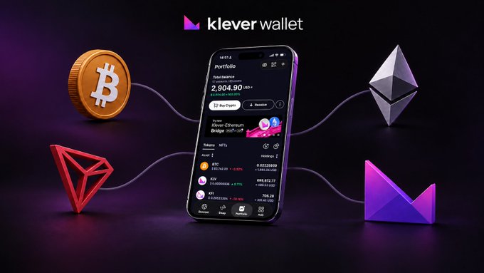 A promotional image for Klever Wallet showing a smartphone displaying a cryptocurrency portfolio with a total balance of $2,904.90 USD, surrounded by 3D graphics of Bitcoin, Ethereum, Tron, and Klever logos.