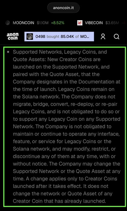 A mobile webpage (anoncoin.it) showing market data for MOONCOIN and VIBECOIN, with a long disclaimer text about Supported Networks, Legacy Coins, and Quote Assets.